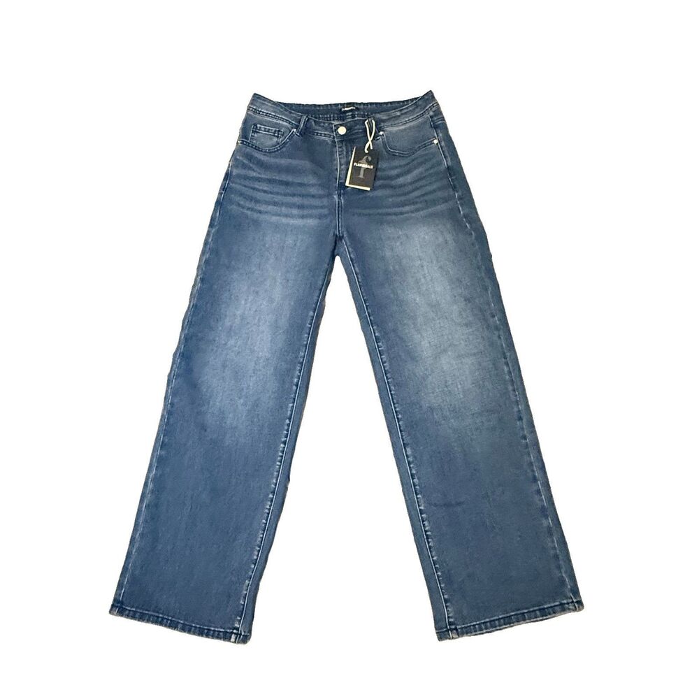Flamingals Women's Mid Rise Cropped Baggy Wide Leg Jeans Size Large